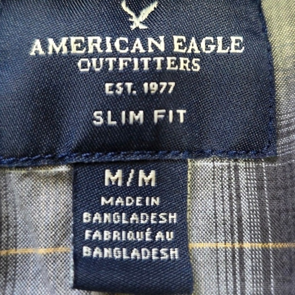 American Eagle Slim Fit Plaid Flannel Shirt Men's M Gray Cotton Button Up Grunge - Picture 3 of 6